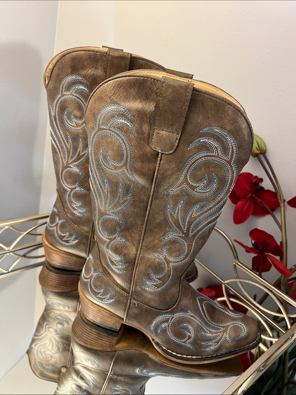 Roper Distressed Brown Faux Leather Cowgirl Boots Blue Western Stitching Size 7